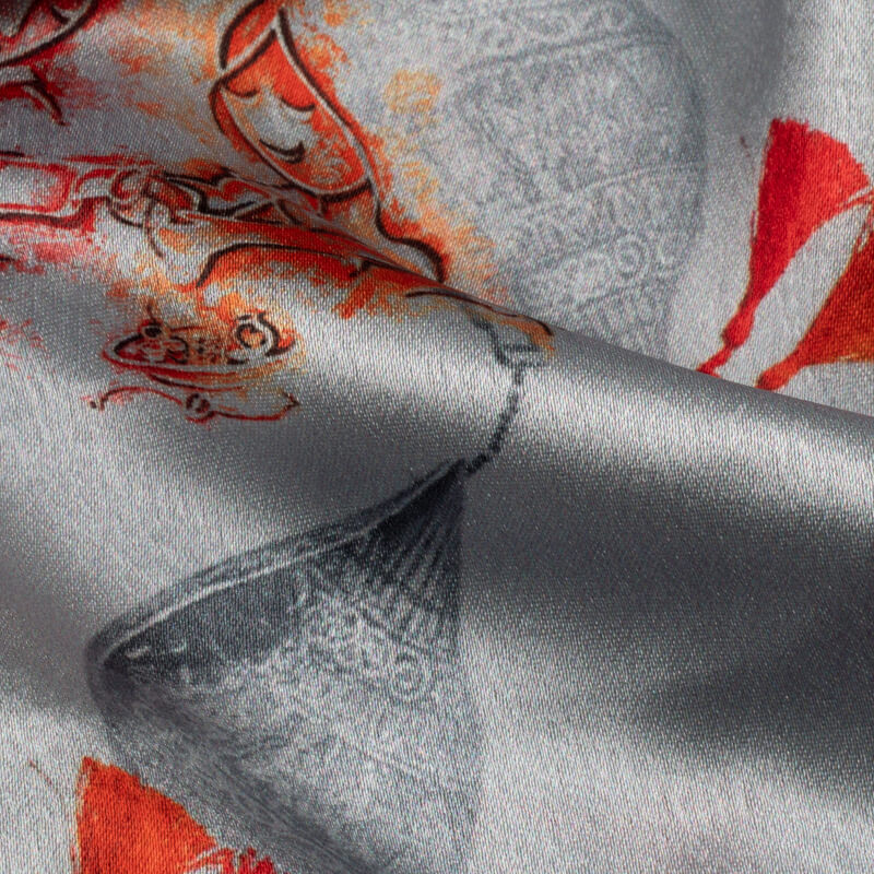 Light Grey Rakhi Pattern Digital Print Japan Satin Fabric - Fabcurate