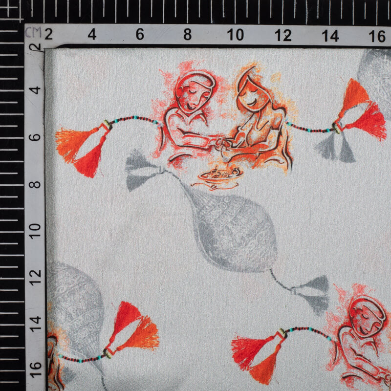 Light Grey Rakhi Pattern Digital Print Japan Satin Fabric - Fabcurate