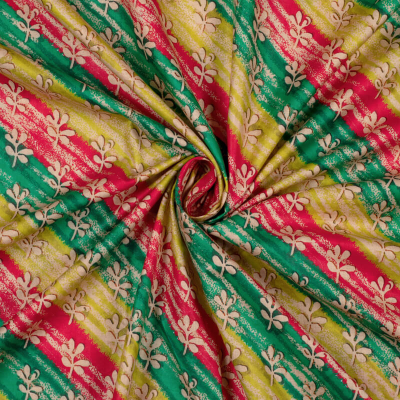 Multi-Color Stripes With Floral Pattern Digital Print Cotton Cambric Fabric
