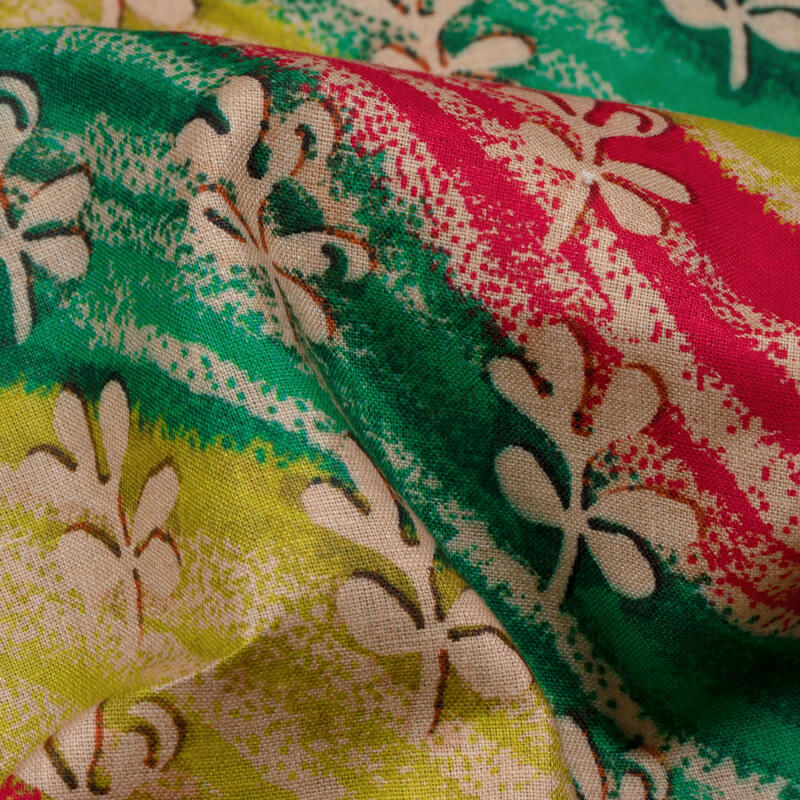 Multi-Color Stripes With Floral Pattern Digital Print Cotton Cambric Fabric