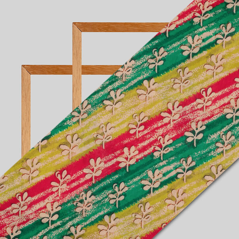 Multi-Color Stripes With Floral Pattern Digital Print Cotton Cambric Fabric