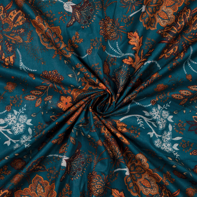 Peacock Blue And Orange Floral Pattern Digital Print Cotton Cambric Fabric