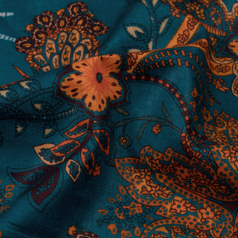Peacock Blue And Orange Floral Pattern Digital Print Cotton Cambric Fabric