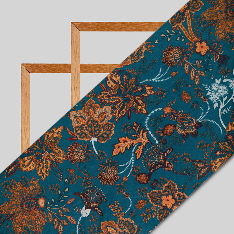 Peacock Blue And Orange Floral Pattern Digital Print Cotton Cambric Fabric