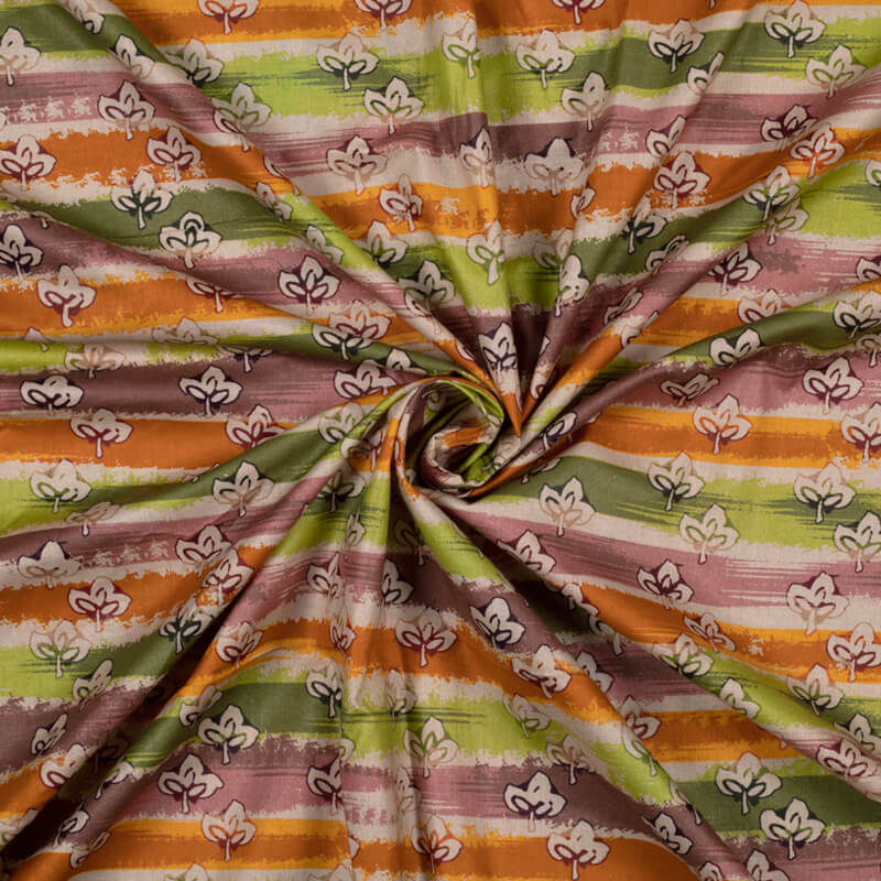 Multi-Color Stripes With Floral Pattern Digital Print Cotton Cambric Fabric