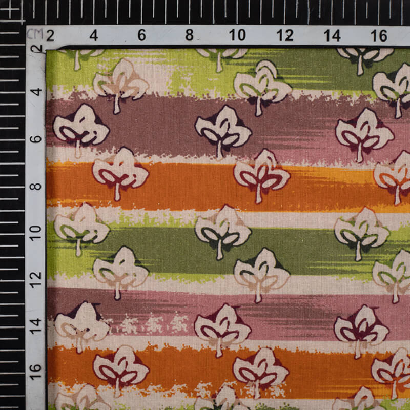Multi-Color Stripes With Floral Pattern Digital Print Cotton Cambric Fabric