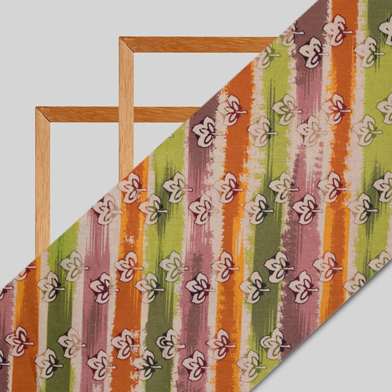 Multi-Color Stripes With Floral Pattern Digital Print Cotton Cambric Fabric