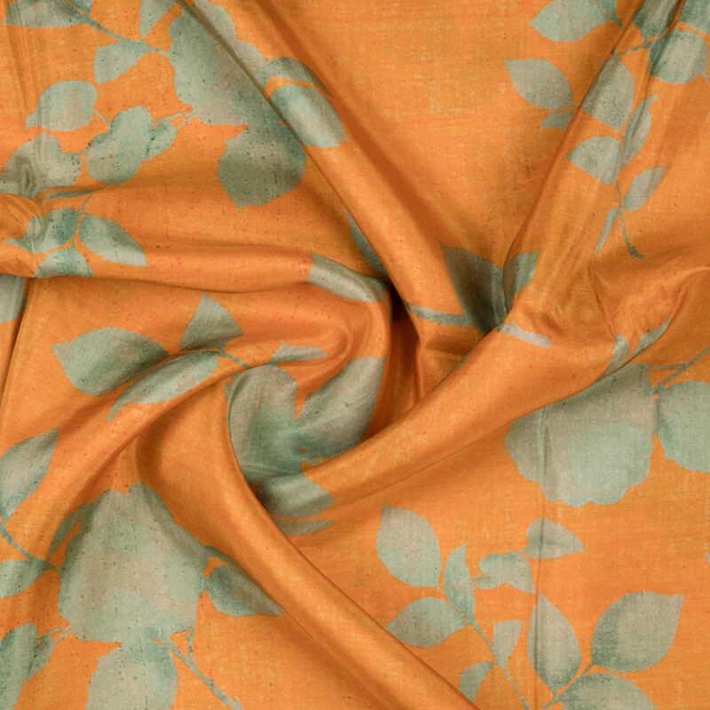 Green And Orange Floral Pattern Digital Print Viscose Uppada Silk Fabric