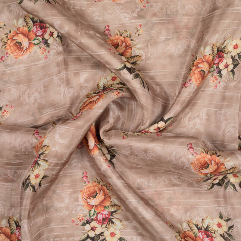 Brown And Orange Floral Pattern Digital Print Viscose Uppada Silk Fabric