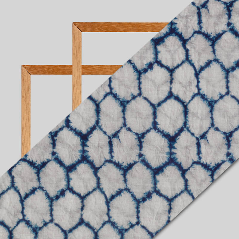 Blue And Grey Shibori Pattern Digital Print Viscose Uppada Silk Fabric