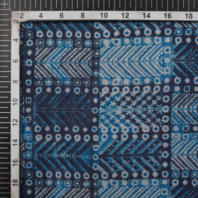 Blue Geometric Pattern Digital Print Viscose Uppada Silk Fabric