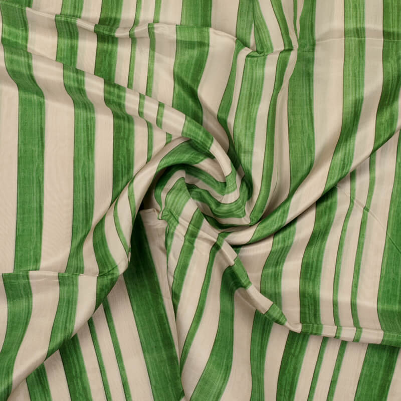 Cream And Green Stripes Pattern Digital Print Viscose Uppada Silk Fabric