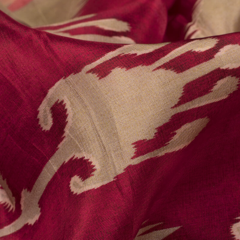 Red And Beige Ikkat Pattern Digital Print Viscose Uppada Silk Fabric