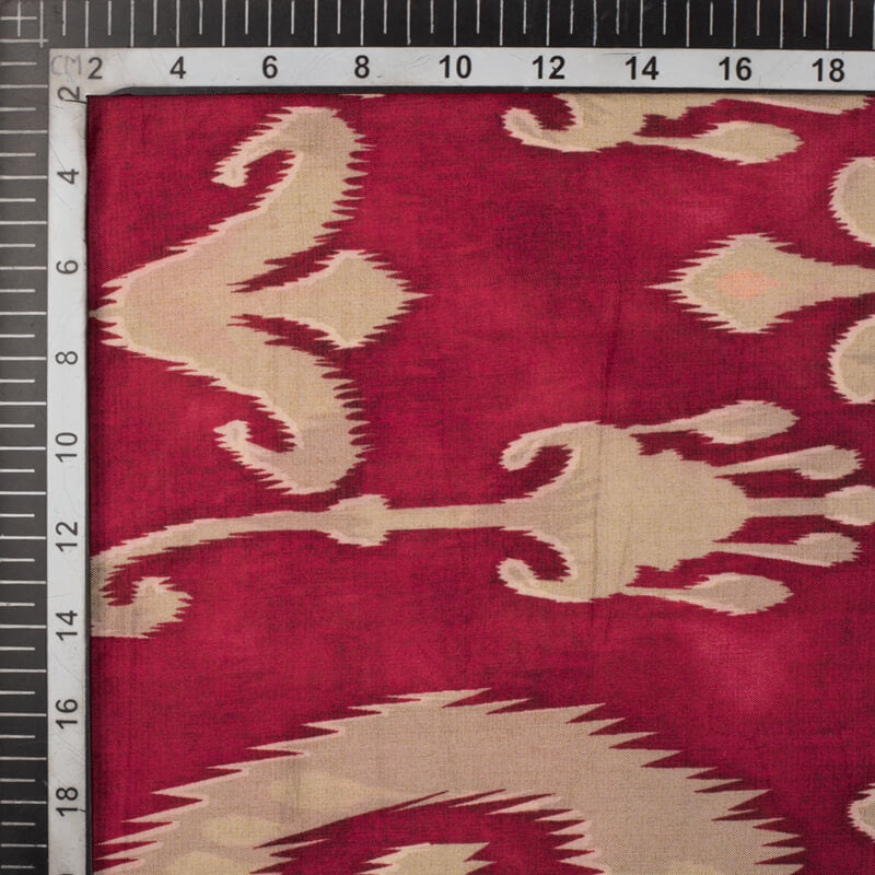 Red And Beige Ikat Pattern Digital Print Viscose Uppada Silk Fabric