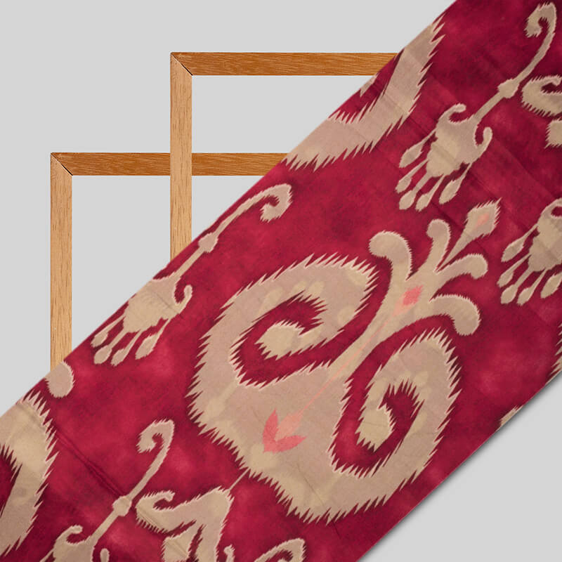 Red And Beige Ikat Pattern Digital Print Viscose Uppada Silk Fabric