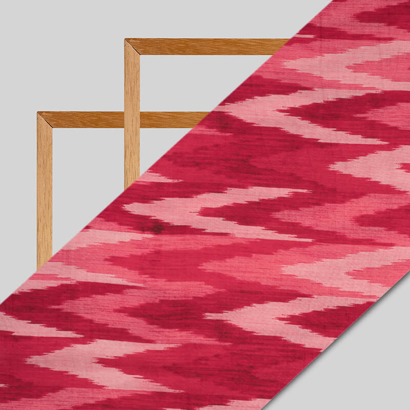 Red And Pink Ikkat Pattern Digital Print Viscose Uppada Silk Fabric