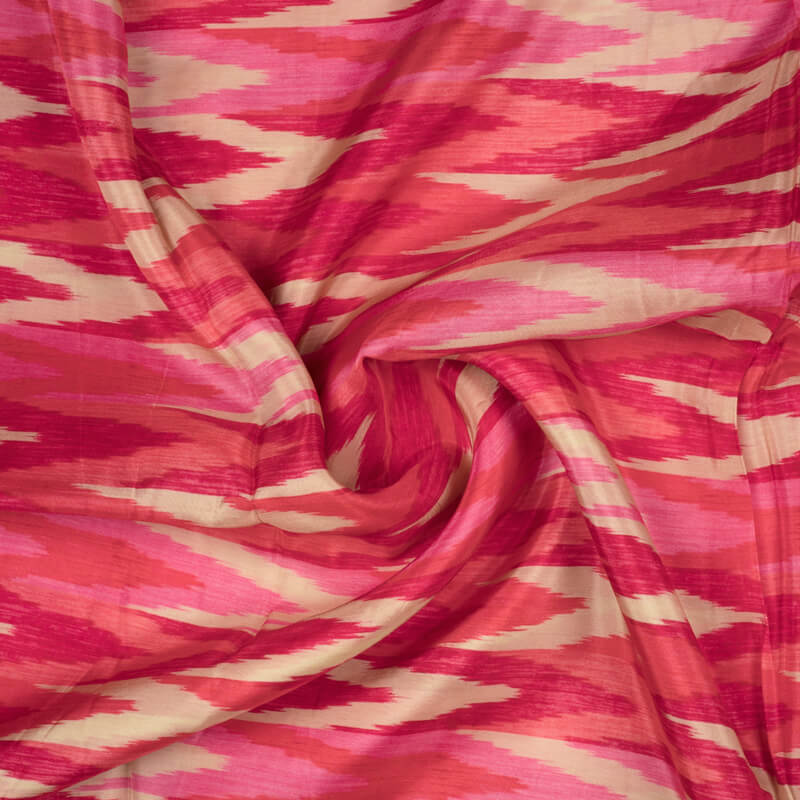 Red And Beige Ikkat Pattern Digital Print Viscose Uppada Silk Fabric
