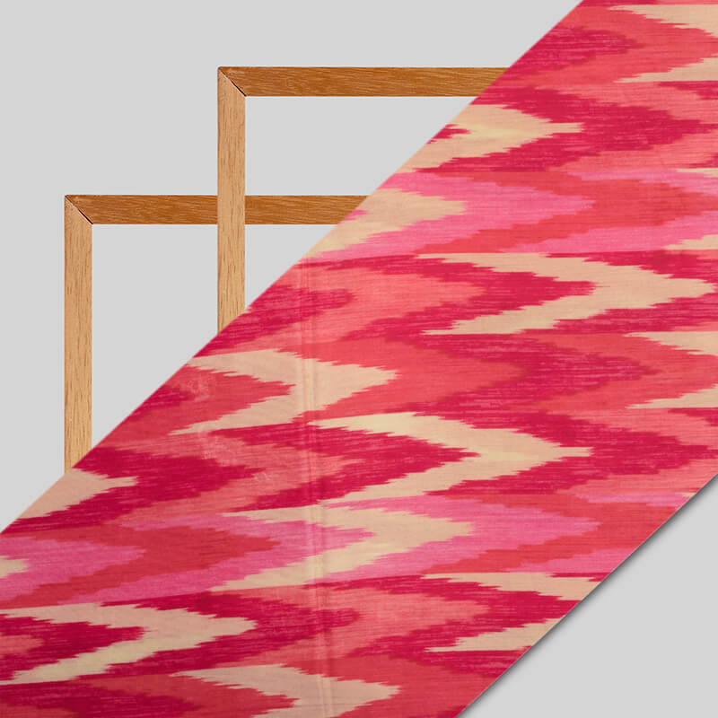 Red And Beige Ikat Pattern Digital Print Viscose Uppada Silk Fabric