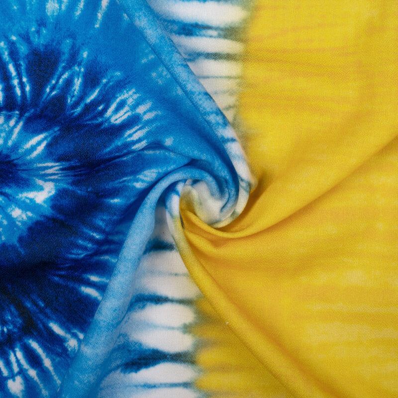 Yellow And Blue Tye And Dye Pattern Digital Print Moss Crepe Fabric