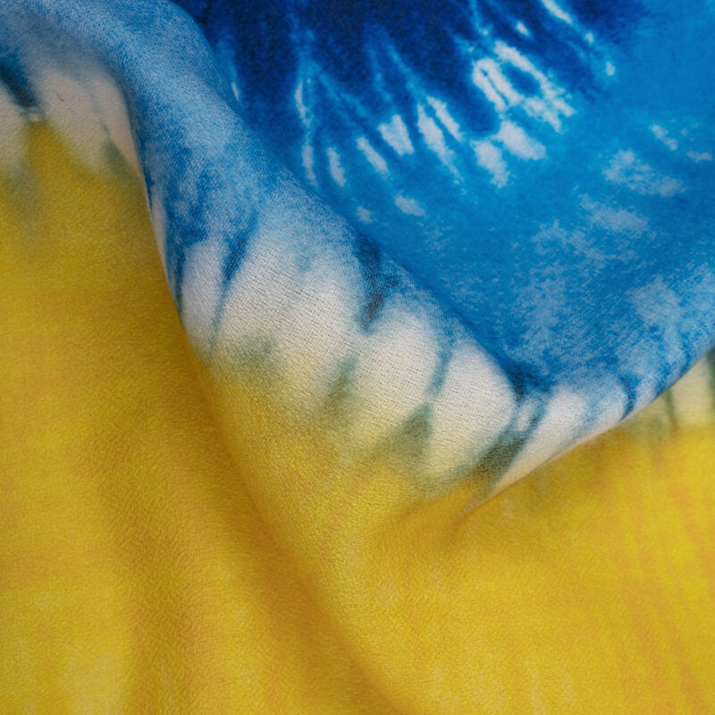 Yellow And Blue Tye And Dye Pattern Digital Print Moss Crepe Fabric