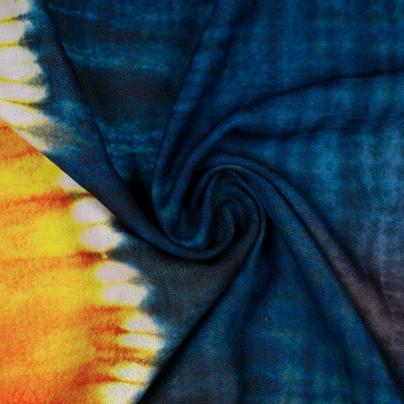 Blue And Orange Tie & Dye Pattern Digital Print Moss Crepe Fabric
