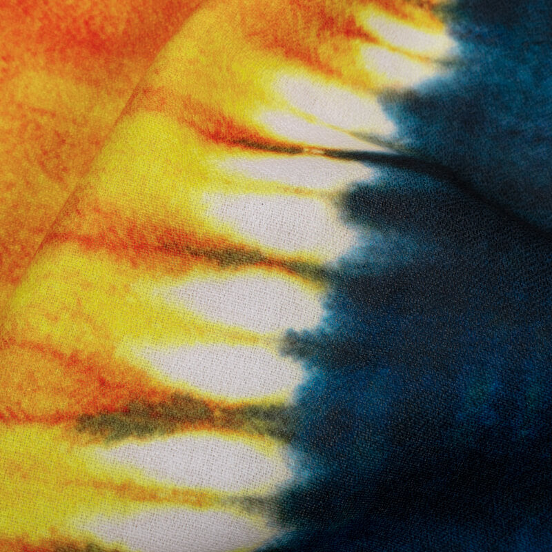 Blue And Orange Tie & Dye Pattern Digital Print Moss Crepe Fabric