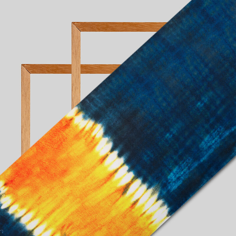 Blue And Orange Tie & Dye Pattern Digital Print Moss Crepe Fabric