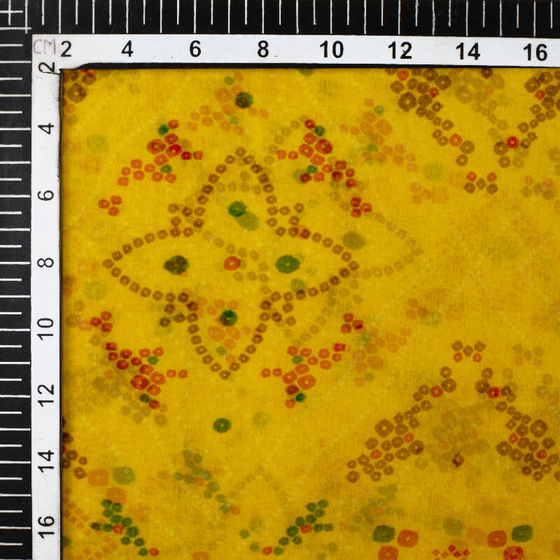 Yellow And Red Bandhanii Pattern Digital Print Bemberg Chiffon Fabric