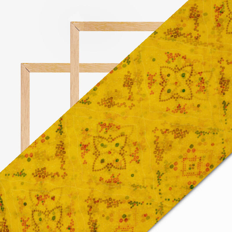 Yellow And Red Bandhanii Pattern Digital Print Bemberg Chiffon Fabric