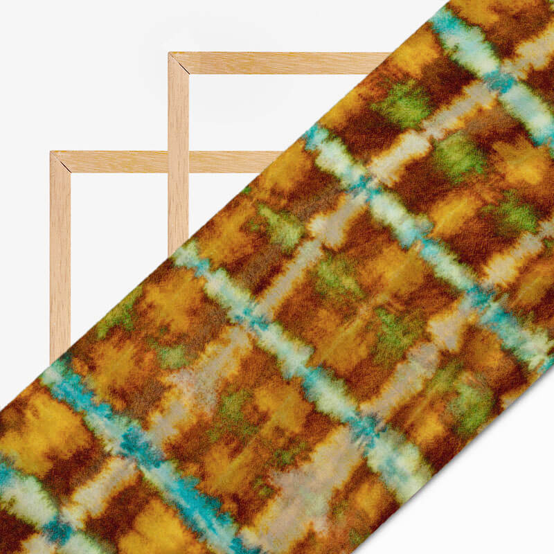 Brown And Blue Abstract Pattern Digital Print Bemberg Chiffon Fabric