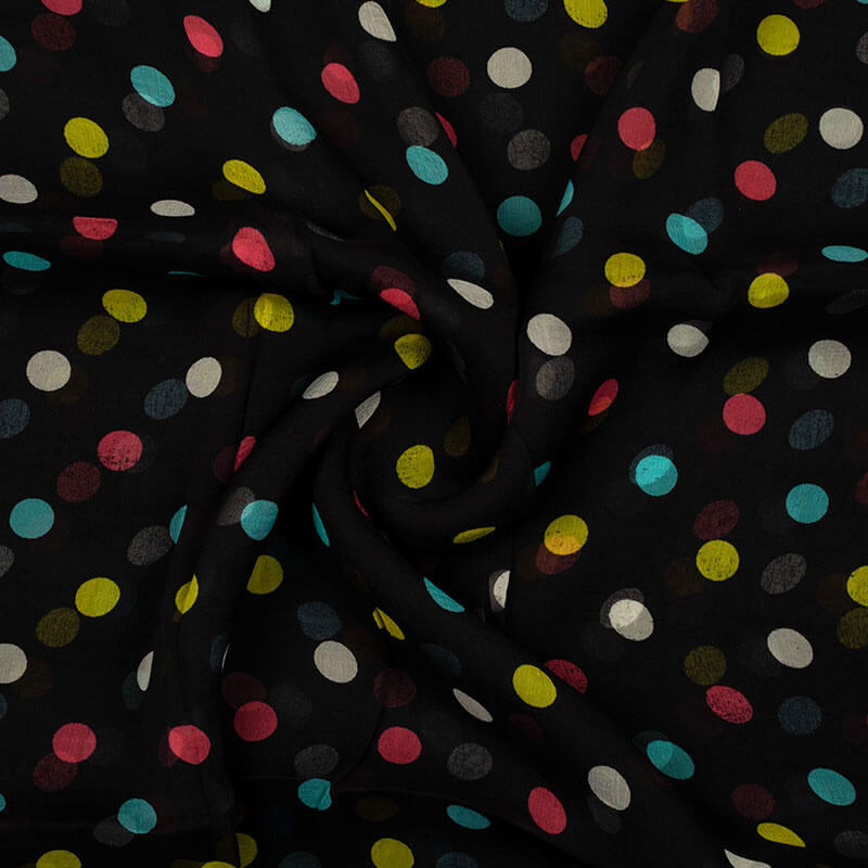 Black And Yellow Polka Dots Pattern Digital Print Bemberg Chiffon Fabric