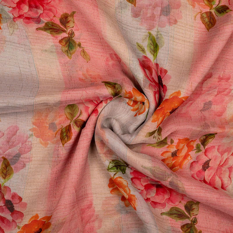 Pink And Orange Floral Pattern Digital Print Bemberg Chiffon Fabric