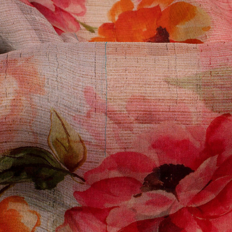 Pink And Orange Floral Pattern Digital Print Bemberg Chiffon Fabric