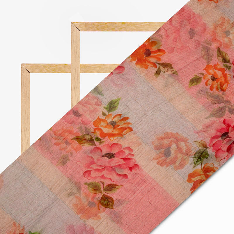 Pink And Orange Floral Pattern Digital Print Bemberg Chiffon Fabric