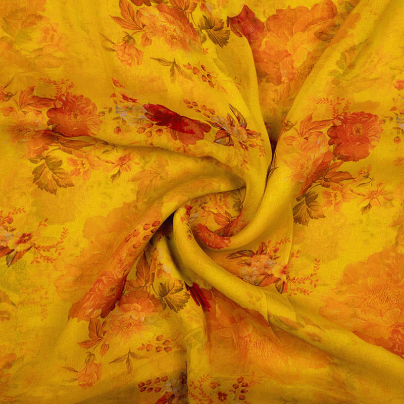 Yellow And Orange Floral Pattern Digital Print Bemberg Chiffon Fabric