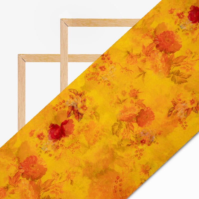 Yellow And Orange Floral Pattern Digital Print Bemberg Chiffon Fabric