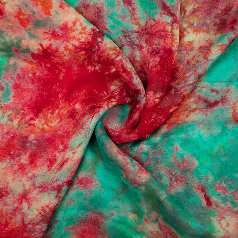Cream And Red Tie & Dye Pattern Digital Print Bemberg Chiffon Fabric