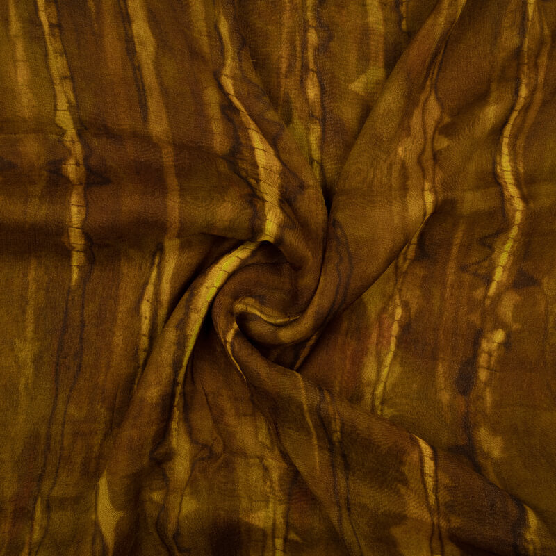 Brown And Yellow Tie & Dye Pattern Digital Print Bemberg Chiffon Fabric