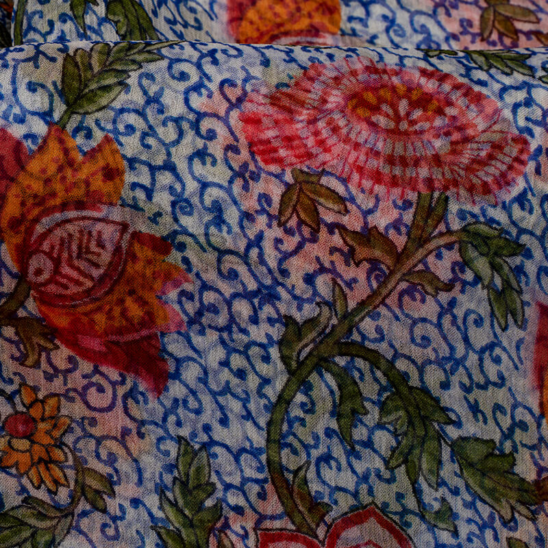 White And Blue Floral Pattern Digital Print Bemberg Chiffon Fabric