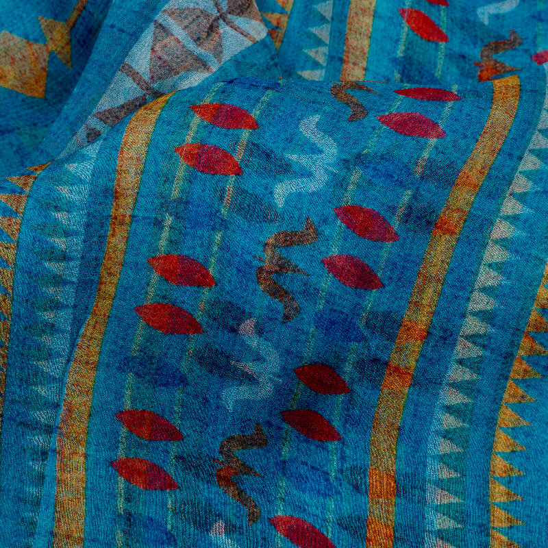Blue And Yellow Geometric Pattern Digital Print Bemberg Chiffon Fabric