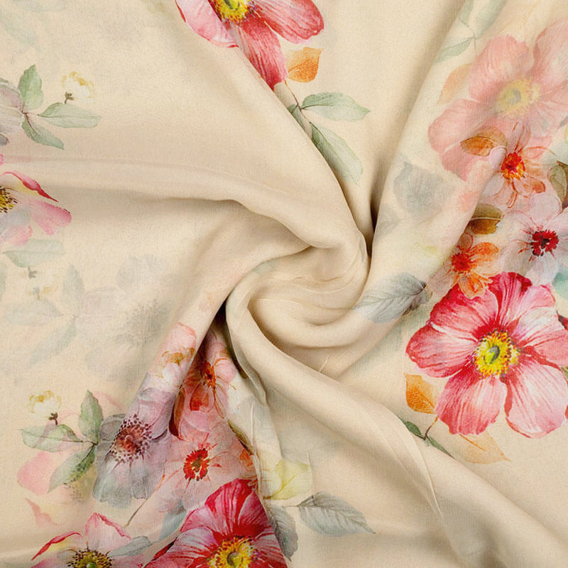 Cream And Pink Floral Pattern Digital Print Bemberg Chiffon Fabric