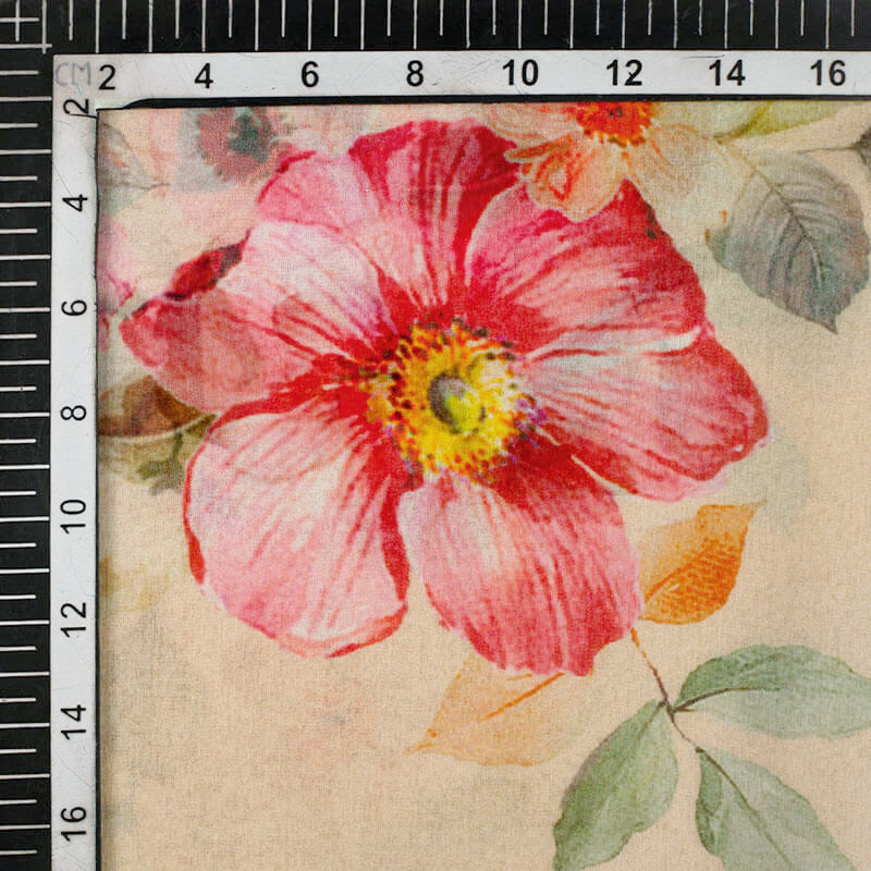 Cream And Pink Floral Pattern Digital Print Bemberg Chiffon Fabric