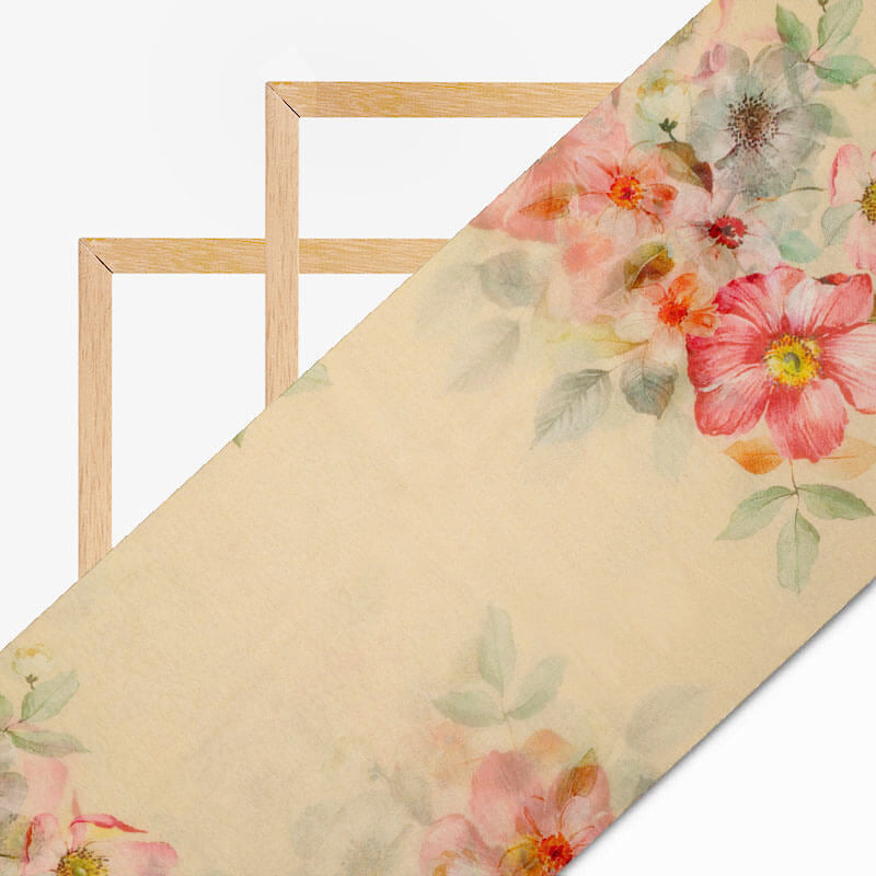 Cream And Pink Floral Pattern Digital Print Bemberg Chiffon Fabric