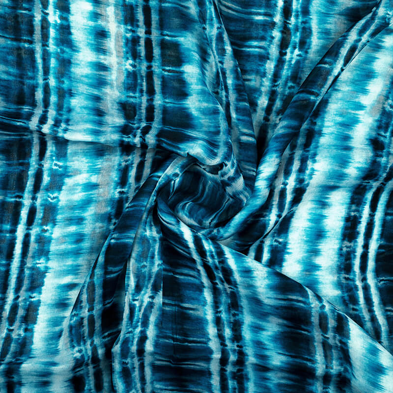 Blue And White Tie & Dye Pattern Digital Print Bemberg Chiffon Fabric