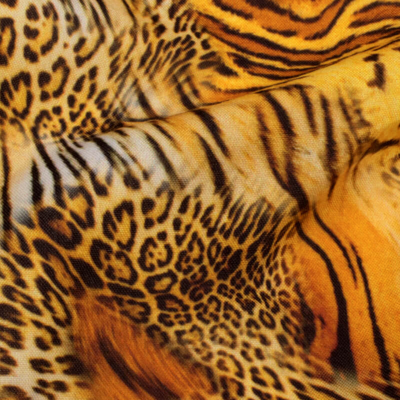 Black And Marigold Orange Animal Digital Print Rayon Fabric