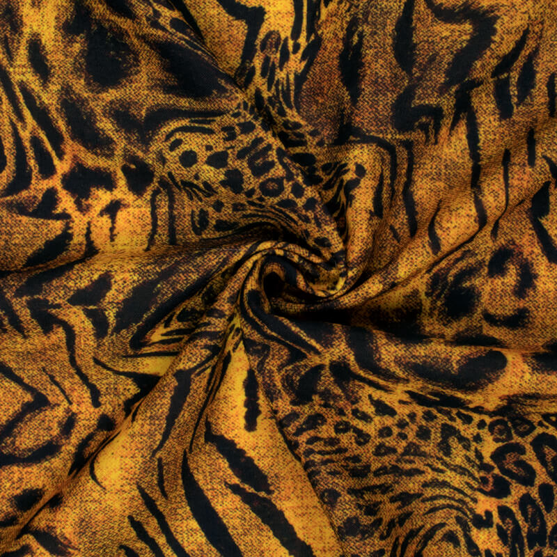 Black And Ochre Orange Animal Digital Print Rayon Fabric - Fabcurate