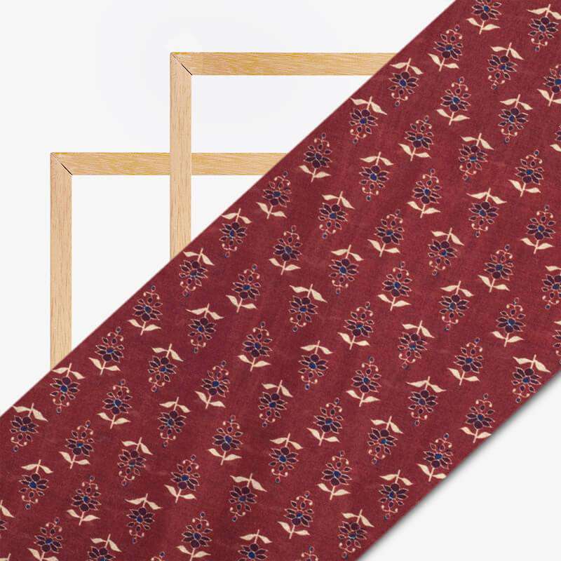 Maroon And Cream Floral Pattern Digital Print Viscose Chanderi Fabric - Fabcurate