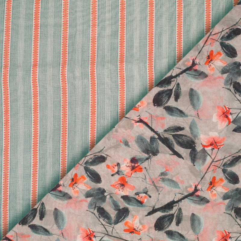 Grey And Orange Floral Pattern Digital Print Viscose Chanderi Fabric - Fabcurate