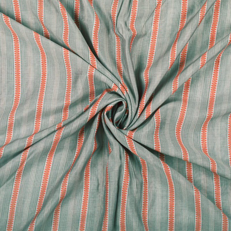 Grey And Orange Stripes Pattern Digital Print Viscose Chanderi Fabric - Fabcurate