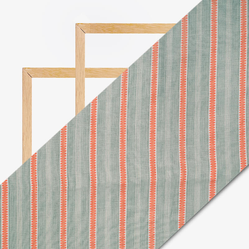 Grey And Orange Stripes Pattern Digital Print Viscose Chanderi Fabric - Fabcurate